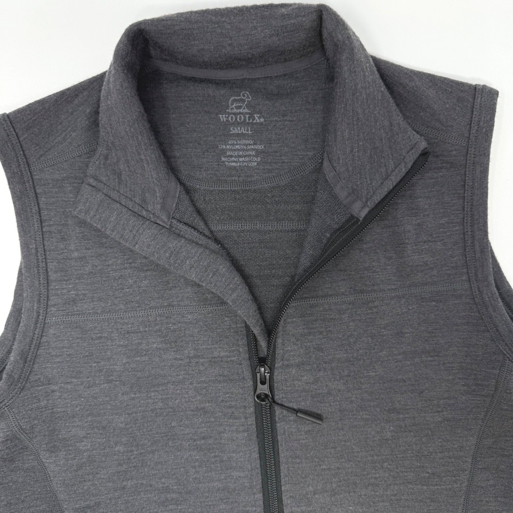 Woolx Womens Small Charcoal Heather Merino‎ Wool Full Zip Active Vest Collar